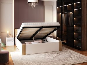 Miniaturka 11 - Białe łóżko z elementami sosnowymi z otwartym pojemnikiem w sypialni