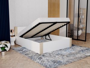 Miniaturka 7 - Białe łóżko z sosną z otwartym pojemnikiem na pościel w sypialni