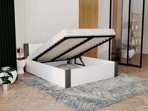 Miniaturka 14 - Łóżko białe z grafitem z otwartym pojemnikiem na pościel w sypialni