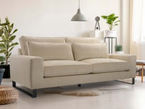 Miniaturka 16 - Kremowa sofa tapicerowana trzyosobowa w nowoczesnej aranżacji salonu