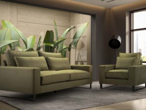 Miniaturka 5 - Zestaw wypoczynkowy oliwkowy sofa z fotelem w nowoczesnym salonie