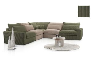 Miniaturka 16 - Oliwkowy narożnik modułowy sztruksowy z beżowymi poduszkami