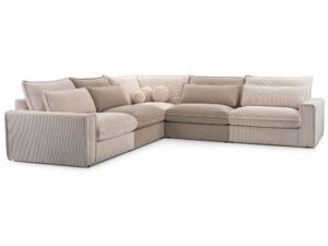 Miniaturka 1 - Narożnik kremowy sztruksowy z beżowymi poduszkami pełna sylwetka