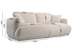 Miniaturka 24 - Kremowa sofa sztruksowa trzyosobowa z wymiarami technicznymi