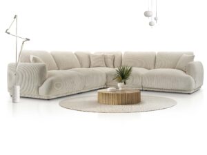 Miniaturka 6 - Kremowy narożnik sztruksowy w aranżacji ze stolikiem i lampą