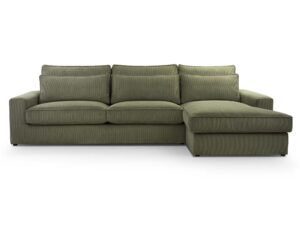 Miniaturka 5 - Oliwkowy narożnik sztruksowy z prawą ottomaną i miękkimi poduszkami
