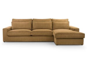 Miniaturka 4 - Musztardowy narożnik sztruksowy z prawą ottomaną pełna sylwetka