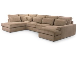 Miniaturka 6 - Beżowy narożnik U sztruksowy z miękkimi poduszkami dekoracyjnymi