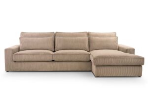 Miniaturka 2 - Beżowy narożnik sztruksowy z prawą ottomaną i miękkimi poduszkami