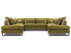 Miniaturka 1 - Oliwkowy narożnik U tapicerowany welurem z dekoracyjnymi poduszkami