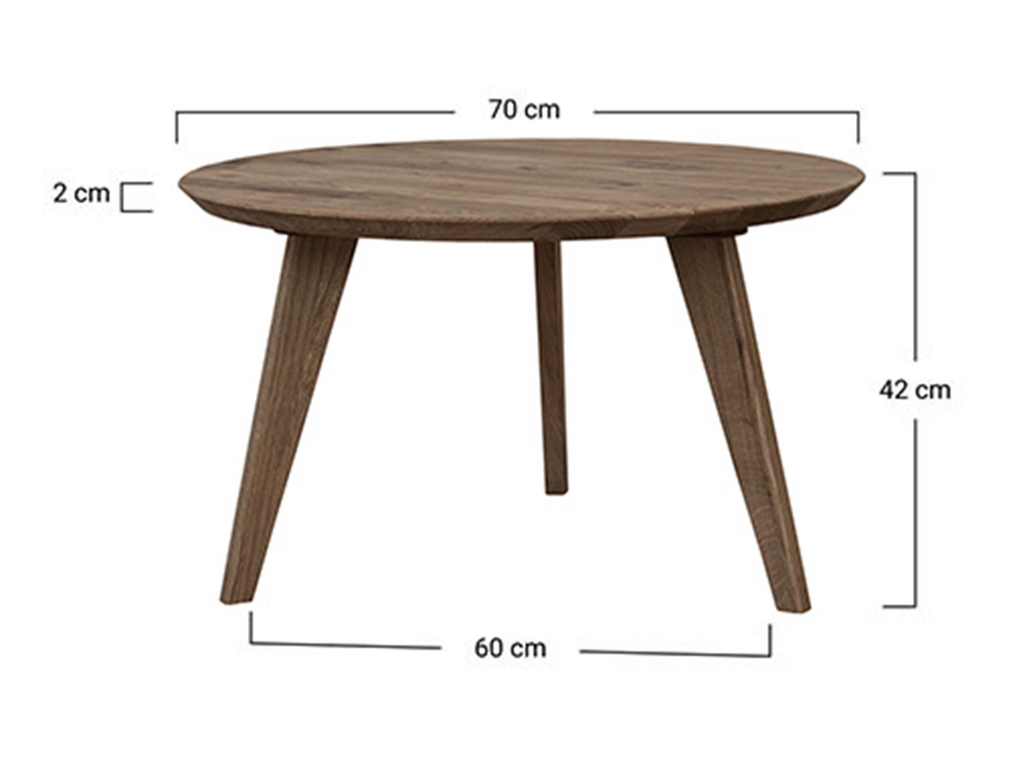 Schemat wymiarów stolika kawowego dębowego okrągłego 70cm