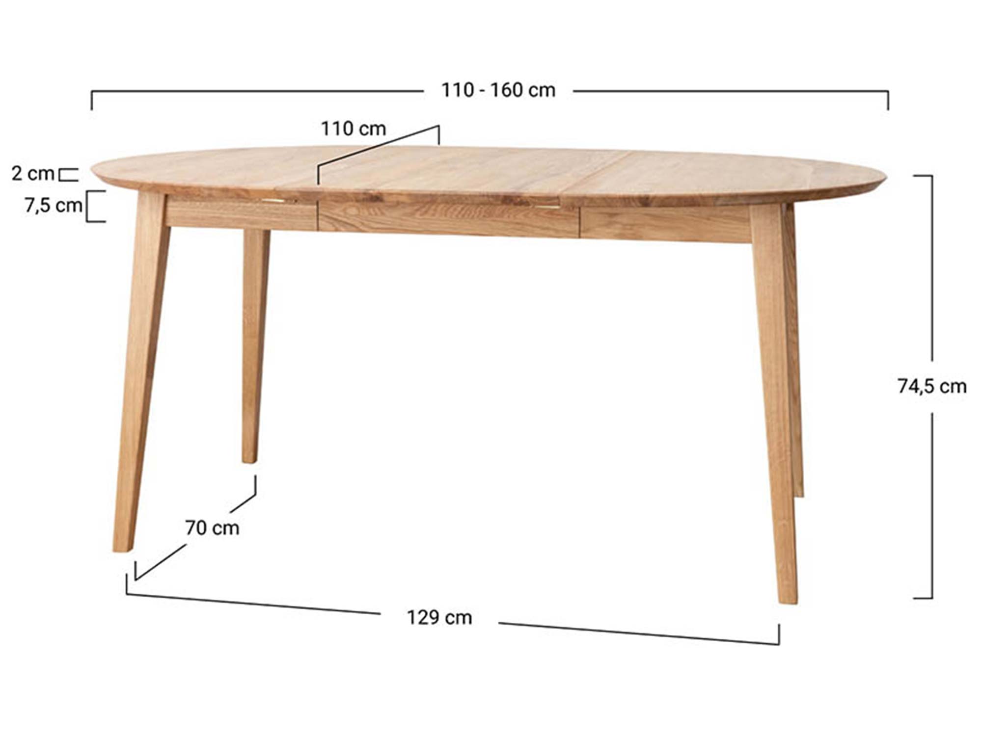 Schemat wymiarów stołu dębowego owalnego rozkładanego 110-160cm