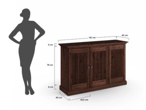 Miniaturka 11 - Schemat wymiarów komody trójdrzwiowej drewnianej ciemnobrązowej 142x45x79cm