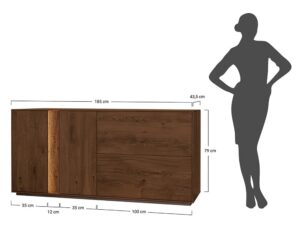 Miniaturka 1 - Schemat wymiarów komody tabacco z szufladami i podświetleniem LED 185x43.5x79cm