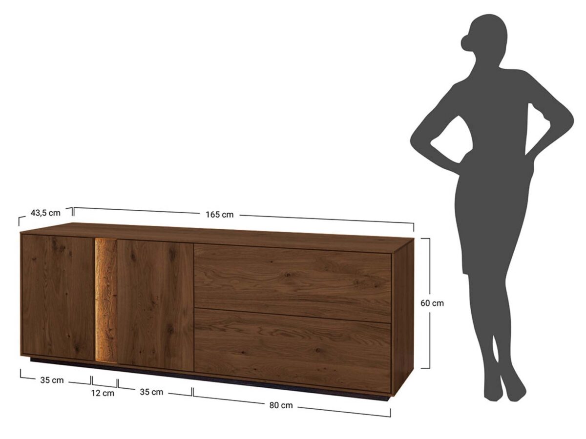 Schemat wymiarów komody tabacco z drzwiami i szufladami 165x43.5x60cm Schemat wymiarów komody tabacco z drzwiami i szufladami 165x43.5x60cm