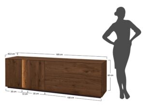 Miniaturka 19 - Schemat wymiarów komody tabacco dębowej z sylwetką 185x43.5x60cm