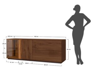 Miniaturka 4 - Schemat wymiarów komody tabacco z witrynką szklaną i sylwetką 165x43.5x60cm