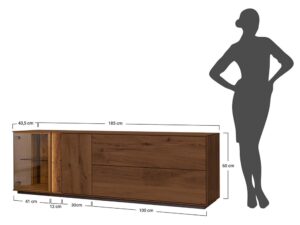 Miniaturka 16 - Schemat wymiarów komody tabacco z witrynką szklaną i sylwetką 185x43.5x60cm
