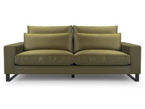 Miniaturka 5 - Oliwkowa sofa welurowa dwuosobowa z miękkimi poduszkami oparcia