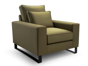 Miniaturka 1 - Fotel tapicerowany oliwkowy welurowy z poduszkami na metalowych nogach