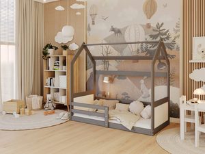 Miniaturka 4 - Łóżko dziecięce domek szare drewniane w pokoju dziecięcym