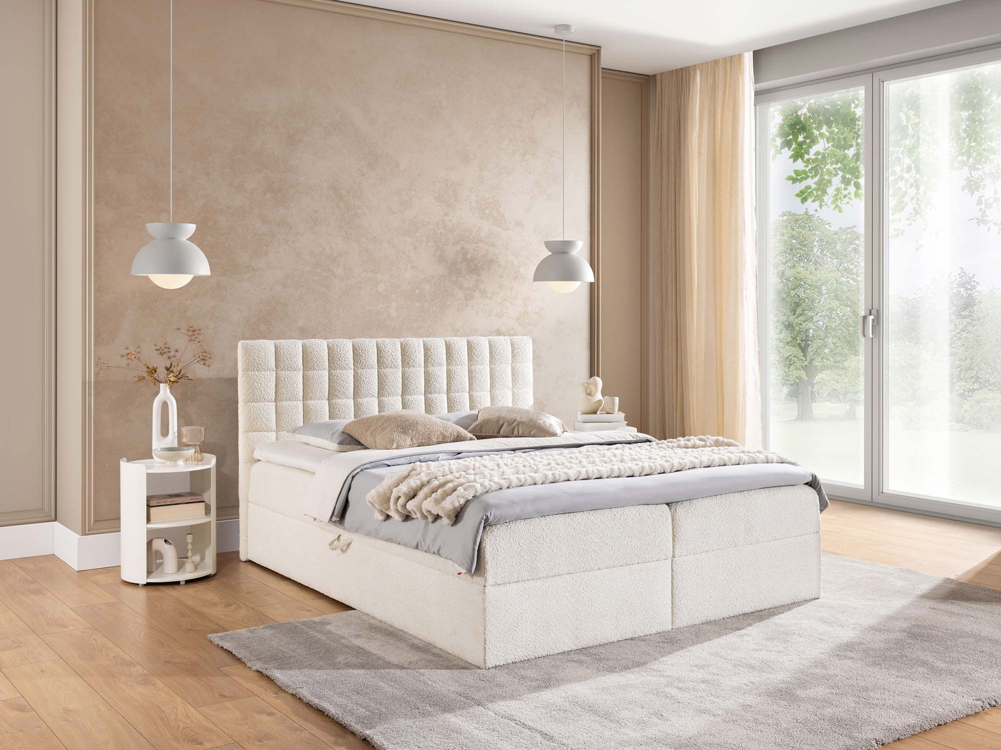 Łóżko tapicerowane kremowe z pikowanym oparciem w boucle