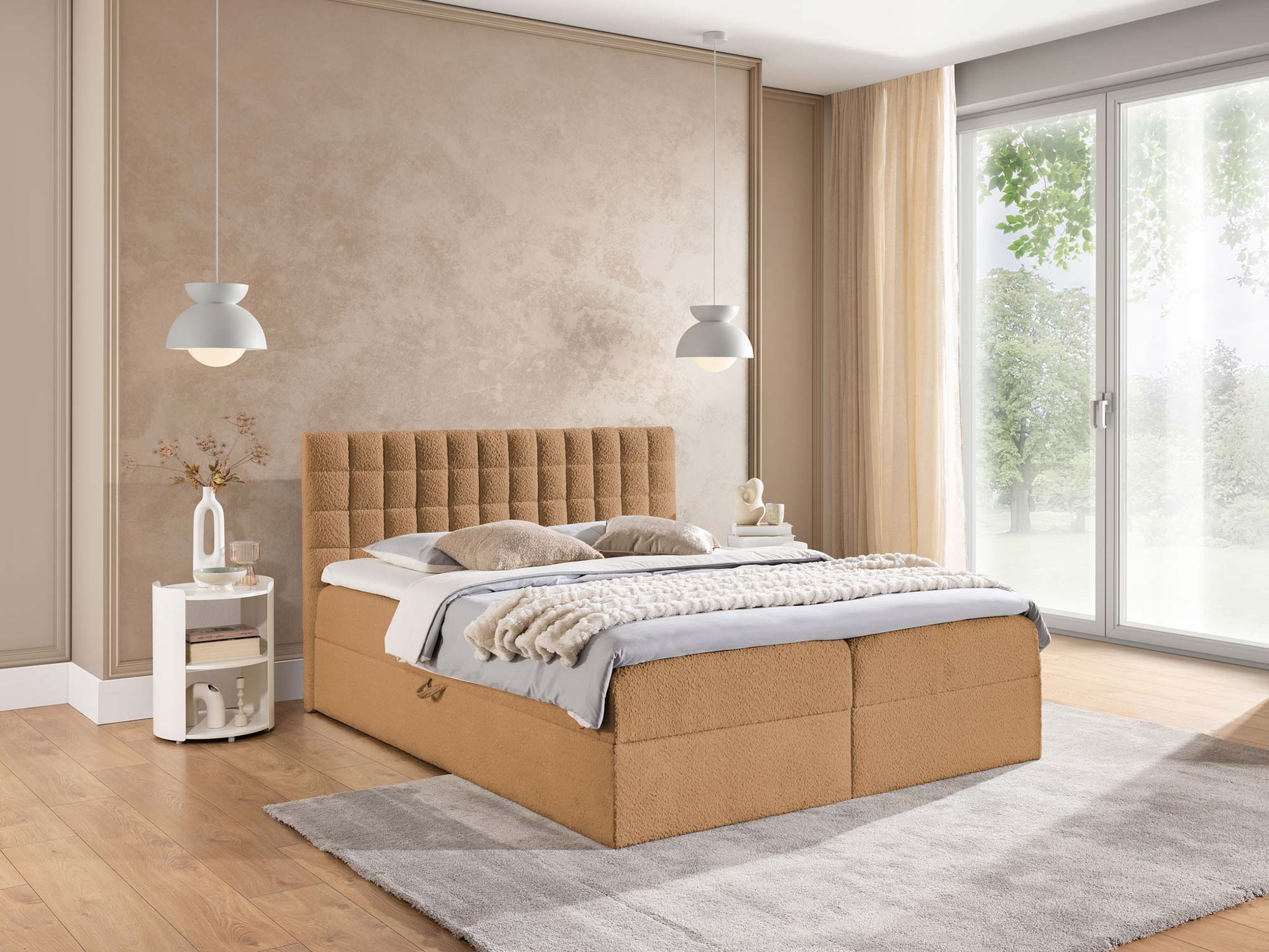 Łóżko karmelowe z pikowanym oparciem w boucle