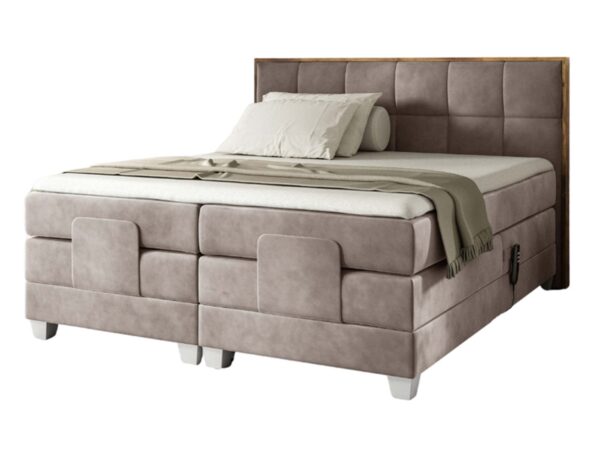 Łóżko kontynentalne tapicerowane beżowe z pikowanym zagłówkiem i drewnianą ramką