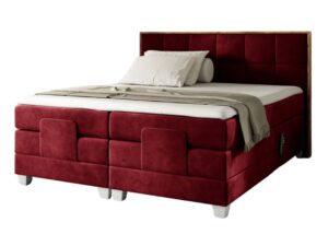 Miniaturka 3 - Bordowe łóżko kontynentalne z pikowaną ramą i drewnianym wykończeniem