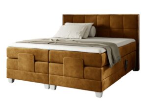 Miniaturka 7 - Tapicerowane łóżko kontynentalne musztardowe z geometrycznym wzorem zagłówka