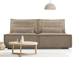 Miniaturka 8 - Beżowa sofa sztruksowa dwuosobowa w aranżacji z okrągłym stolikiem