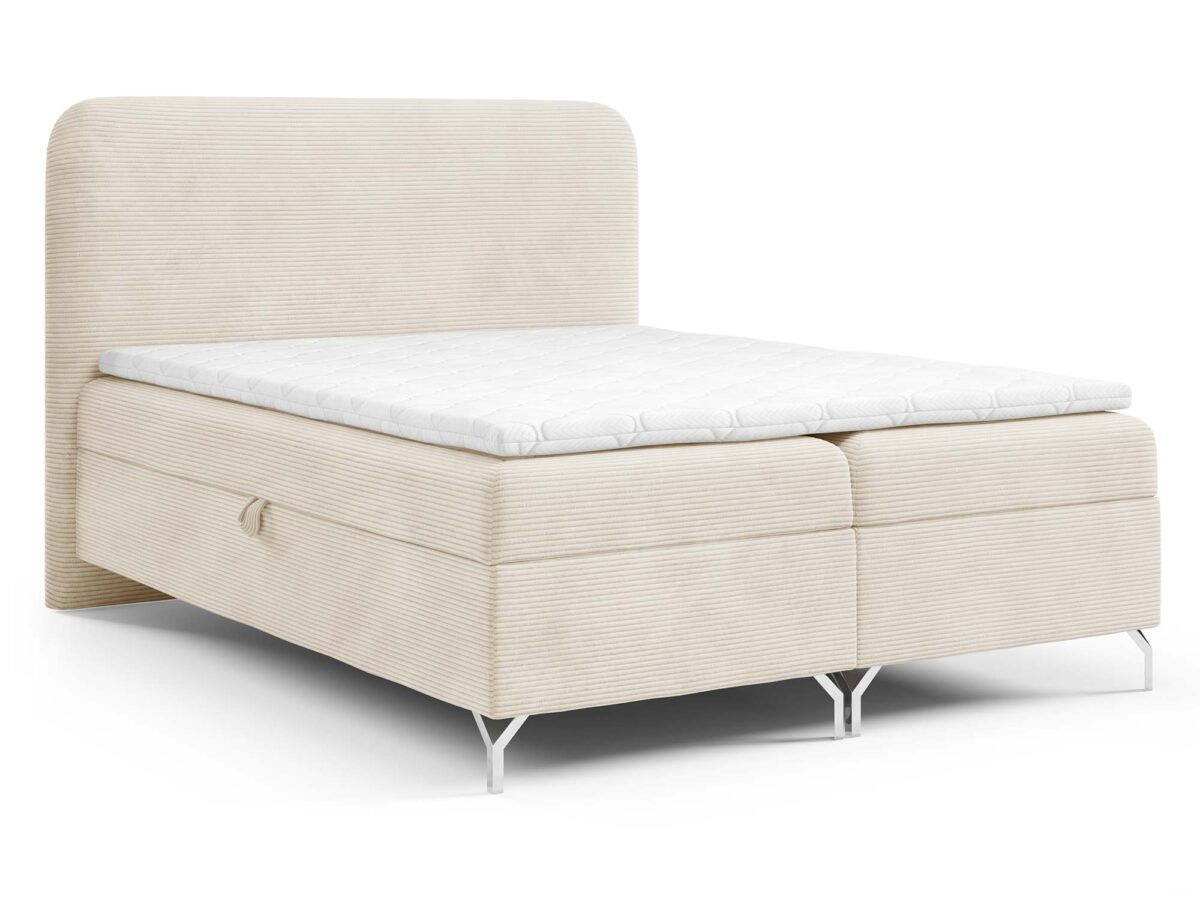 Łóżko sztruksowe kremowe kontynentalne ujęcie skośne w aranżacji