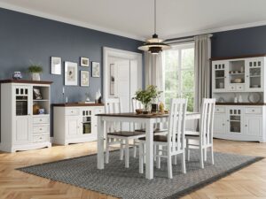 Miniaturka 1 - Jadalnia w stylu prowansalskim z białymi meblami i orzechowymi blatami