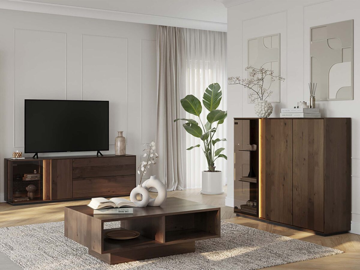 Meble tabacco w aranżacji salonu szafka RTV komoda i stolik kawowy Meble tabacco w aranżacji salonu szafka RTV komoda i stolik kawowy
