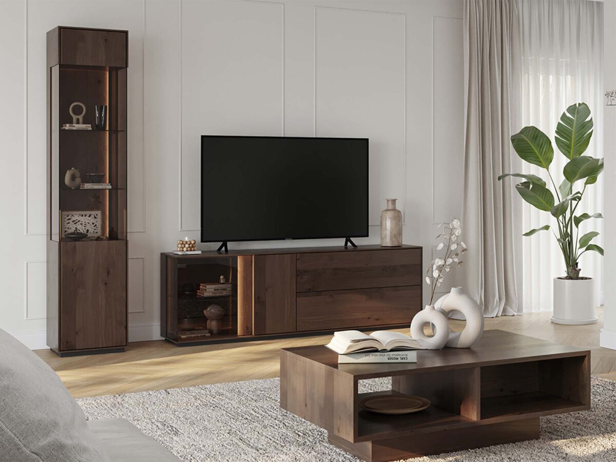 Detal wnętrza szuflady stolika kawowego tabacco z usłojeniem drewna