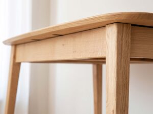 Miniaturka 10 - Detal mocowania nogi do blatu stołu dębowego jasnego zbliżenie