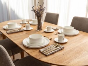 Miniaturka 12 - Blat stołu dębowego rozkładanego w aranżacji jadalni z białą zastawą