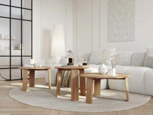 Miniaturka 1 - Trzy stoliki kawowe okrągłe dębowe w aranżacji nowoczesnego salonu z sofą