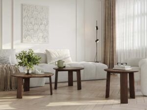 Miniaturka 11 - Trzy stoliki kawowe okrągłe dębowe tabacco w aranżacji nowoczesnego salonu