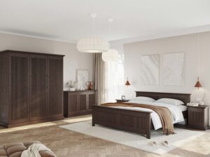 Miniaturka 8 - Detal cokołu szafki nocnej drewnianej ciemnobrązowej z ryflowanym panelem zbliżenie