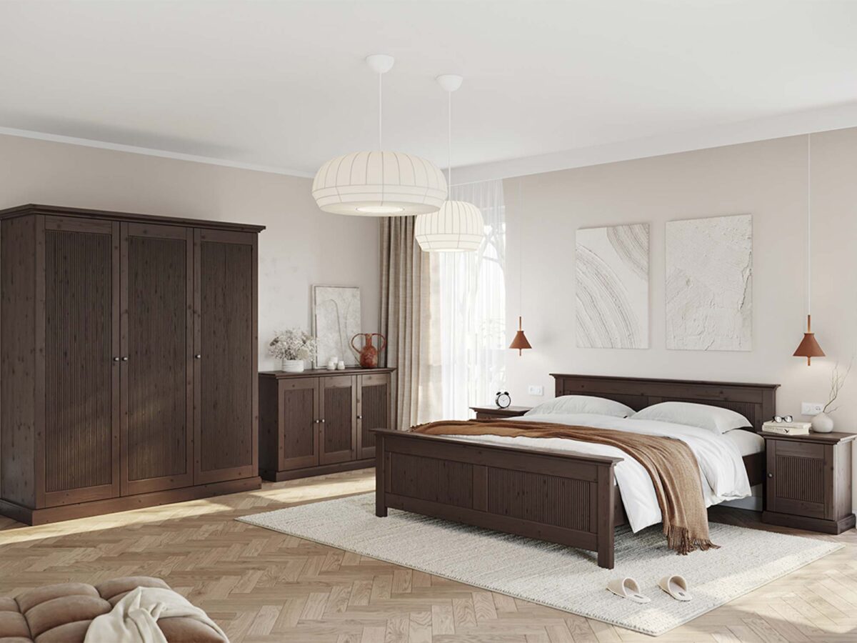 Kolekcja mebli drewnianych ciemnobrązowych w aranżacji sypialni z łóżkiem i szafą
