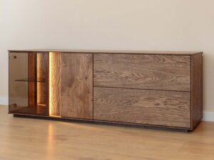 Miniaturka 3 - Komoda tabacco z witrynką szklaną szufladami i podświetleniem dębowa