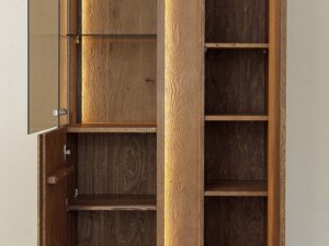 Miniaturka 2 - Wnętrze witryny tabacco z otwartymi drzwiami półkami i szufladami