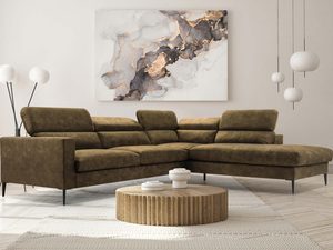 Miniaturka 25 - Oliwkowy narożnik welurowy w aranżacji z obrazem i stolikiem