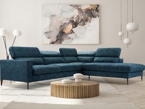 Miniaturka 24 - Granatowy narożnik tapicerowany w eleganckim wnętrzu salonu