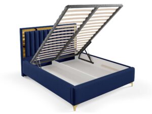 Miniaturka 45 - Granatowe łóżko tapicerowane z otwartym pojemnikiem i złotymi nogami