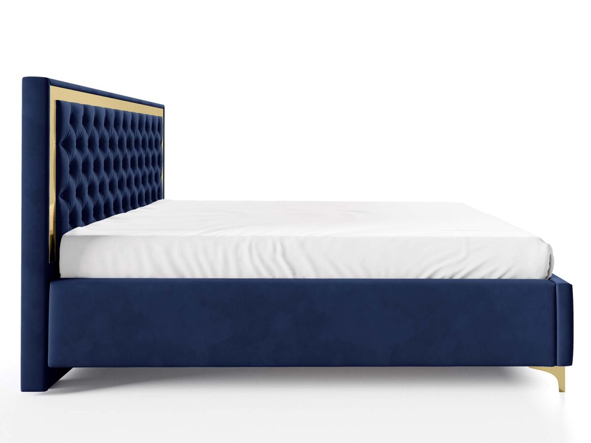Łóżko granatowe welurowe ze złotymi nogami i eleganckim pikowaniem Łóżko granatowe welurowe ze złotymi nogami i eleganckim pikowaniem