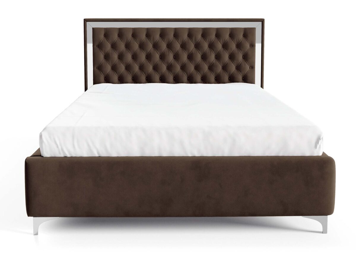 Łóżko tapicerowane brązowe z pikowanym zagłówkiem i chromowaną ramą Łóżko tapicerowane brązowe z pikowanym zagłówkiem i chromowaną ramą