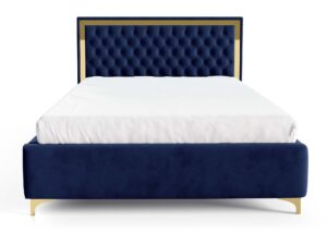 Miniaturka 22 - Granatowe łóżko glamour z pikowanym zagłówkiem ze złotą ramą