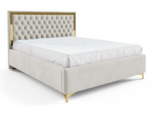 Miniaturka 30 - Kremowe łóżko glamour z pikowanym zagłówkiem ze złotą ramą ukośne